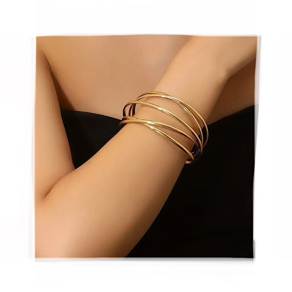 18K Gold Plated Multi Layered Adjustable Cuff Bracelet. Colour Yellow Gold
